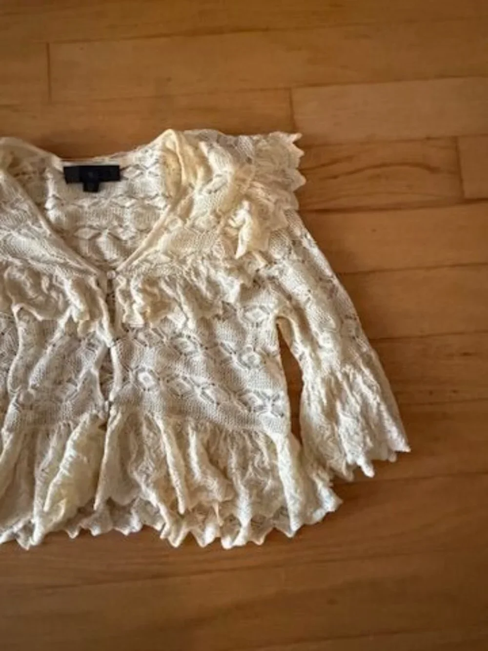 Zara Women's Small Cream/Yellow 3/4 Sleeve Lace Ruffled Button Up Cardigan